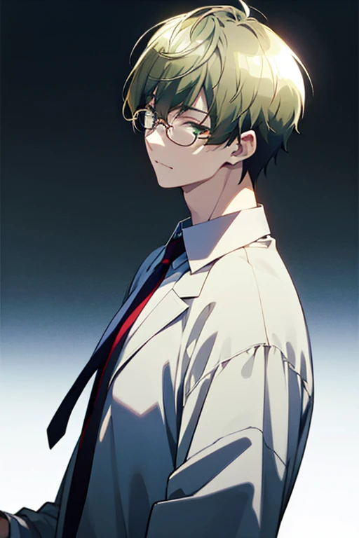 masterpiece，best quality, high quality, 1boy, solo, male focus, looking at viewer, upper body, takahiro_mizusawa, silver eyes,silver hair, jewelry, hair between eyes, realistic, suit，gradient eyes，expressionless，tie a tie，crew cut，glasses，from side