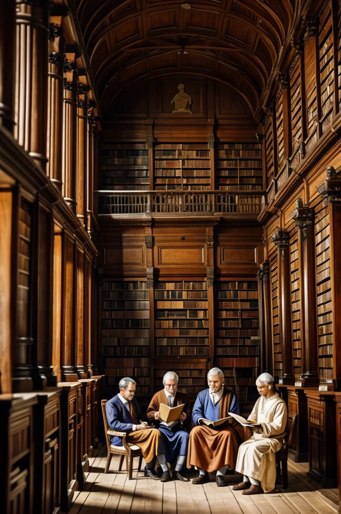 Several men and women in ancient clothing reading in an ancient library