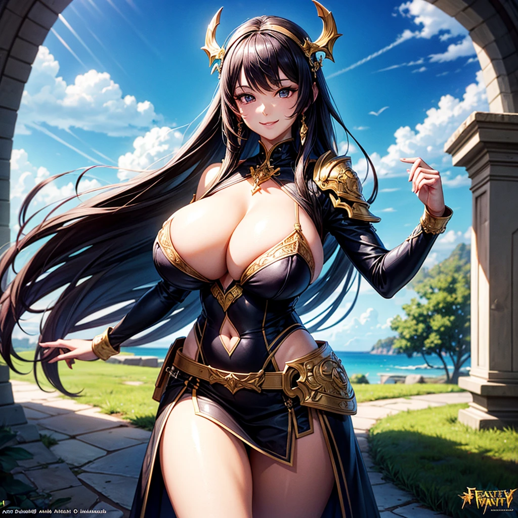 Masterpiece, high quality, 8k, ultra detailed, detailed face, huge breast, standing, detail face, standing, fantasy, smile, official art, barbaradef
