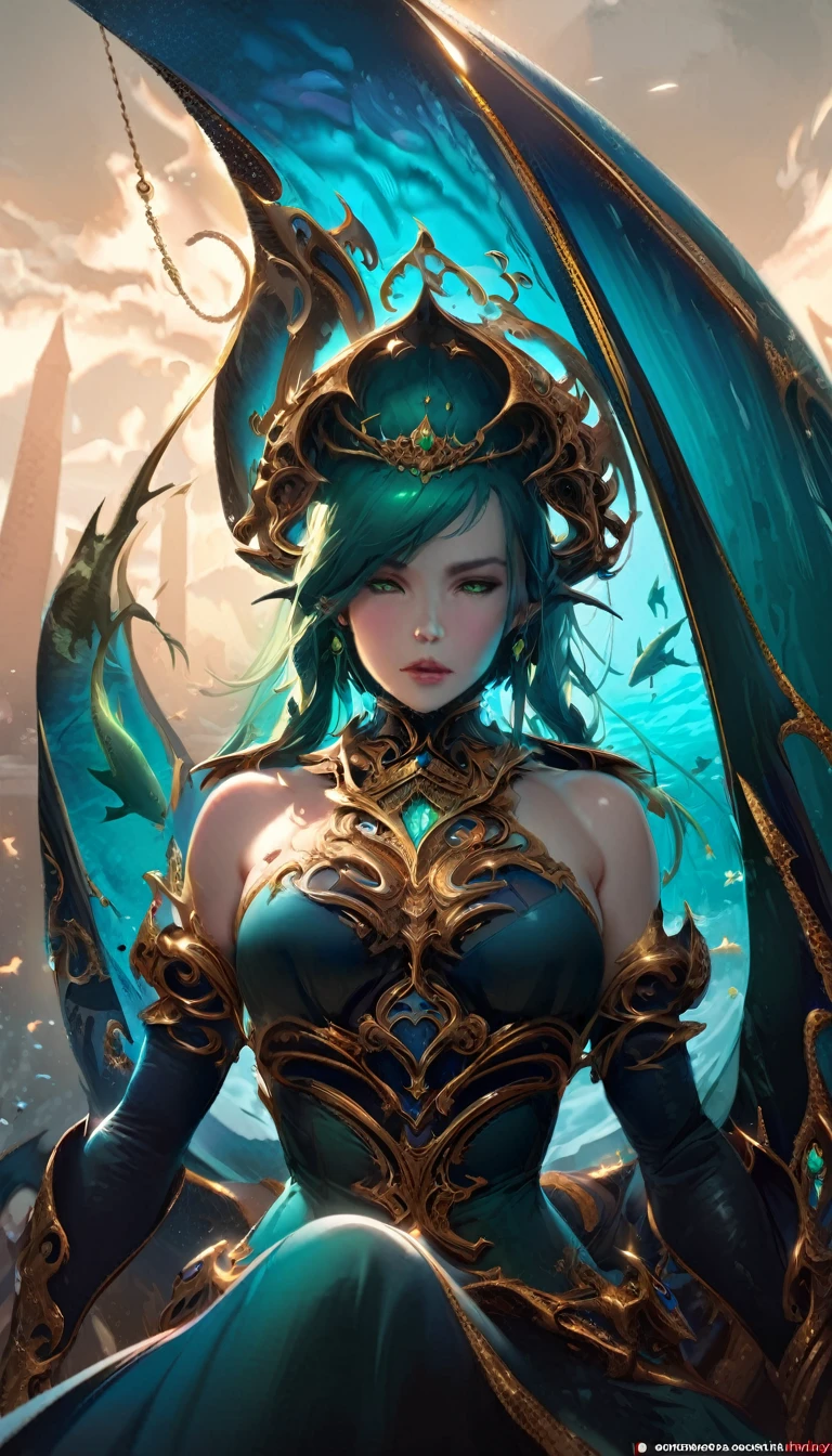 Ultra-HD, 8k resolution, prismatic color palette, Super-Resolution, incredible detail, dragon woman, sitting on a throne, very huge breasts, wide hips, dressed in light armor, correct anatomy, very high-quality lighting