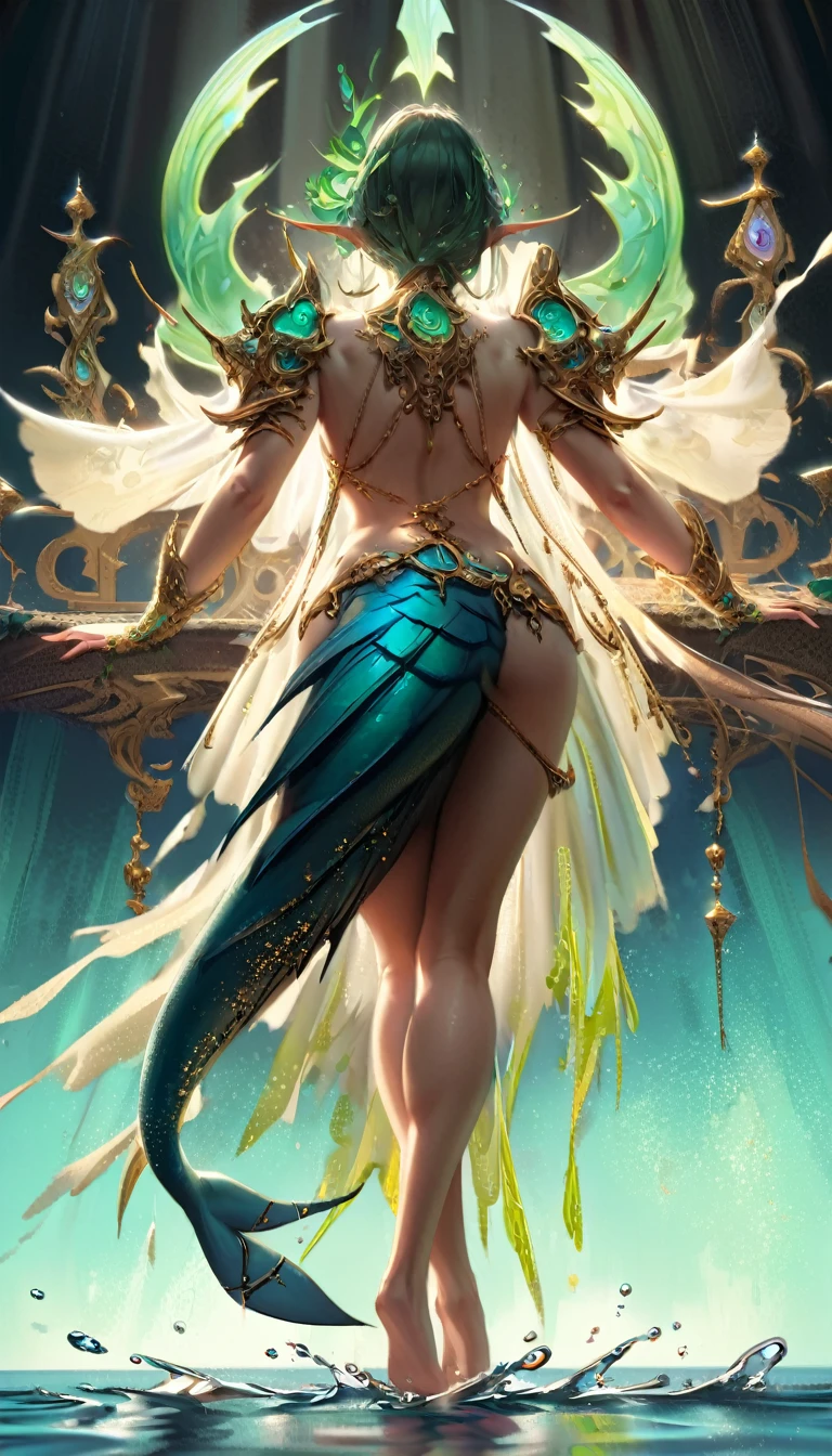 best quality,4k,8k, highres, masterpiece:1.2), ultra-detailed, extremely detailed eyes, extremely detailed body, the average Levianthar woman is a striking and formidable figure, standing tall at around 6 to 7 feet with a lean, muscular build that showcases her strength and agility. Her skin is smooth and slightly iridescent, with a bluish or grayish tint that shimmers under light, reflecting her aquatic heritage. She possesses long, flowing hair that ranges in color from deep seaweed green to midnight blue, often adorned with small, bioluminescent beads or shells. Her large, expressive eyes are adapted for both underwater and terrestrial vision, featuring hues of deep blue or emerald, green, and often possessing a subtle, ethereal glow. High cheekbones and slightly elongated ears add to her otherworldly beauty, while gill-like structures along her neck hint at her ability to thrive in the ocean depths. Her fingers and toes are slightly webbed, enhancing her swimming abilities, and a thick, powerful tail reminiscent of a shark's extends from her lower back, aiding in swift underwater movement. Her overall appearance exudes an aura of strength, grace, and mystery, embodying the unique blend of aquatic and humanoid features that define the Levianthar race, dynamic lighting, cinematic lighting, dramatic atmosphere, Atey Ghailan, Jeremy Mann, Greg Manchess, Antonio Moro, trend in ArtStation, trend in CGSociety, Intricate, High Detail, Sharp focus, dramatic and photorealistic painting art by Midjourney and Greg Rutkowski, Jeff Bridges, ((cartoon style)), Marvel Cinematic Universe style, tail, shark tail, fins, fish tail, shark fin,