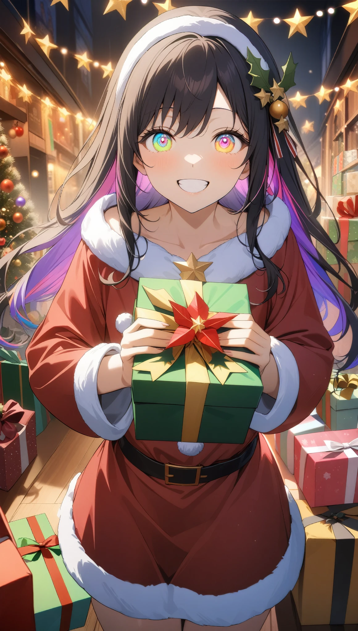 (((16k))), (((hight quality))), (((high-level image quality))), (((16k eyes))), (((16k hair))), (((((Three girls))))), (((happy))), (((smile))), (((extremely detailed background))), (((unity 16k wallpaper))), (((masterpiece))), (((best quality))), (((ultra-detailed))), (((an extremely delicate and beautiful))), (((beautiful detailed eyes))), (((beautiful detailed glow))), (((((santa claus costume))))), (((Christmas))), (((indoor shop background))), (((cowboy shot))), (((lots of presents))), (((ornament))), (((colorful hair))), (((colorful eyes))), 