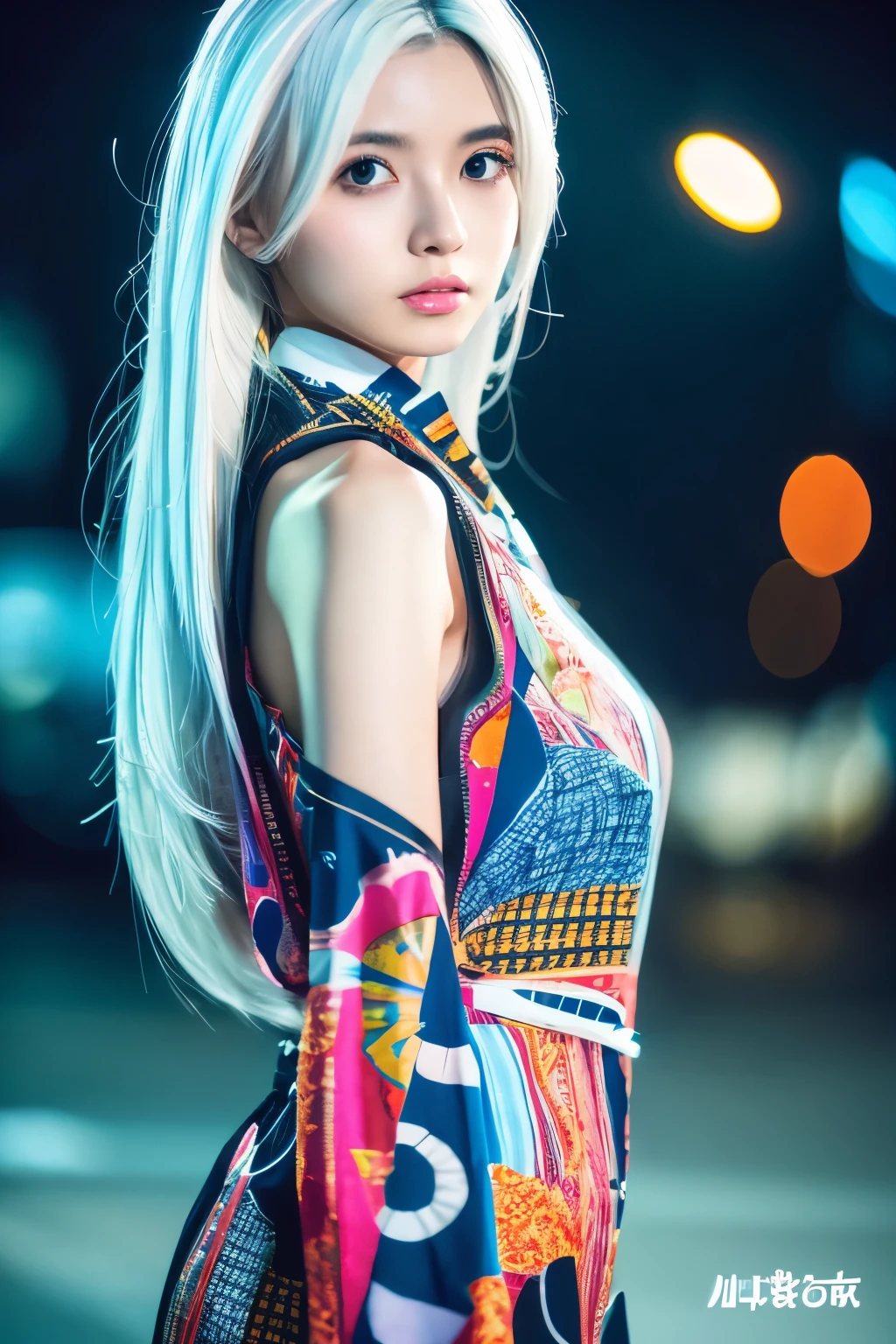 Masterpiece, high quality, high resolution, 8K, (solo:1.2), ((1girl)), Japanese woman, detailed face, detailed eyes, correct body structure, upper body, ((White hair:1.2)), very long hair, messy hair, slender body, seductive silhouette, luminous bones, depth of field, dark photo at nighttime, dimly lit, bangs, Cinematic Lighting, Tyndall effect, abstract background, futuristic outfits, vibrant colors, modern style, wide sleeves, artistic, unique patterns, colorful, stylish, trendy