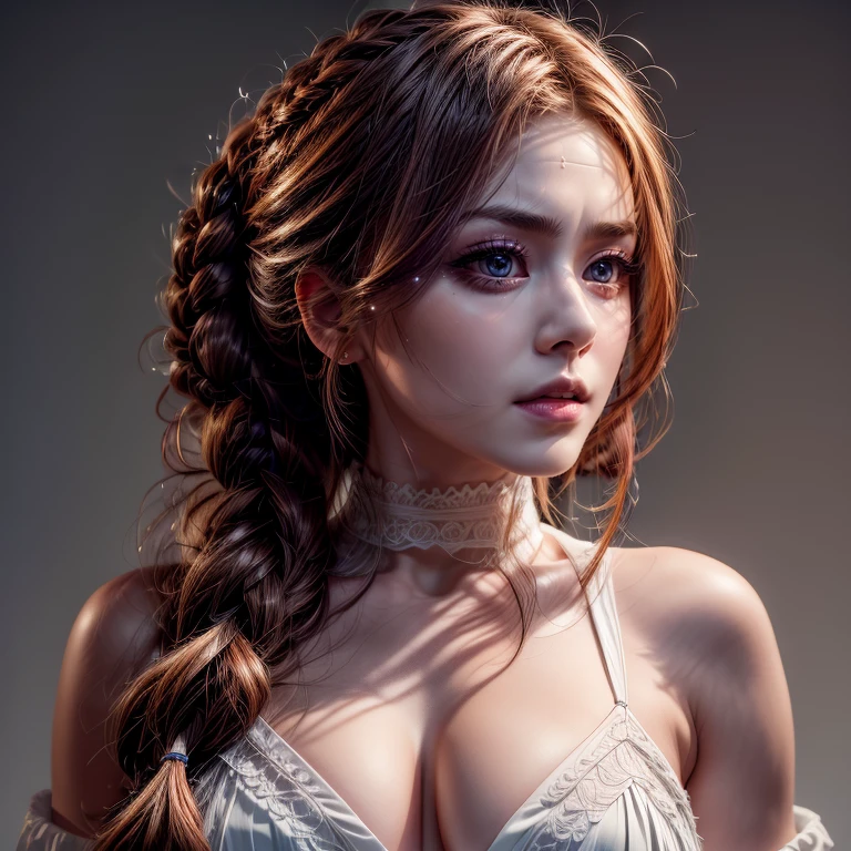 realistic, natural light, photo, Braid hair with bun, portrait, Stunning beautiful model, white shirt Unbuttoned, DownBlouse, Price Tags