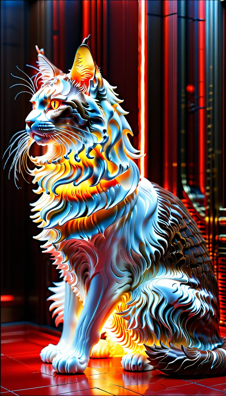 There is no one, realistic photo, realism, maine coon (Maine Coon) cat, future oriented, metal decoration, Shining red light inside, hollow interior, Polish, ray tracing, perfect composition, intricate details, Very sharp, masterpiece, profile, high resolution