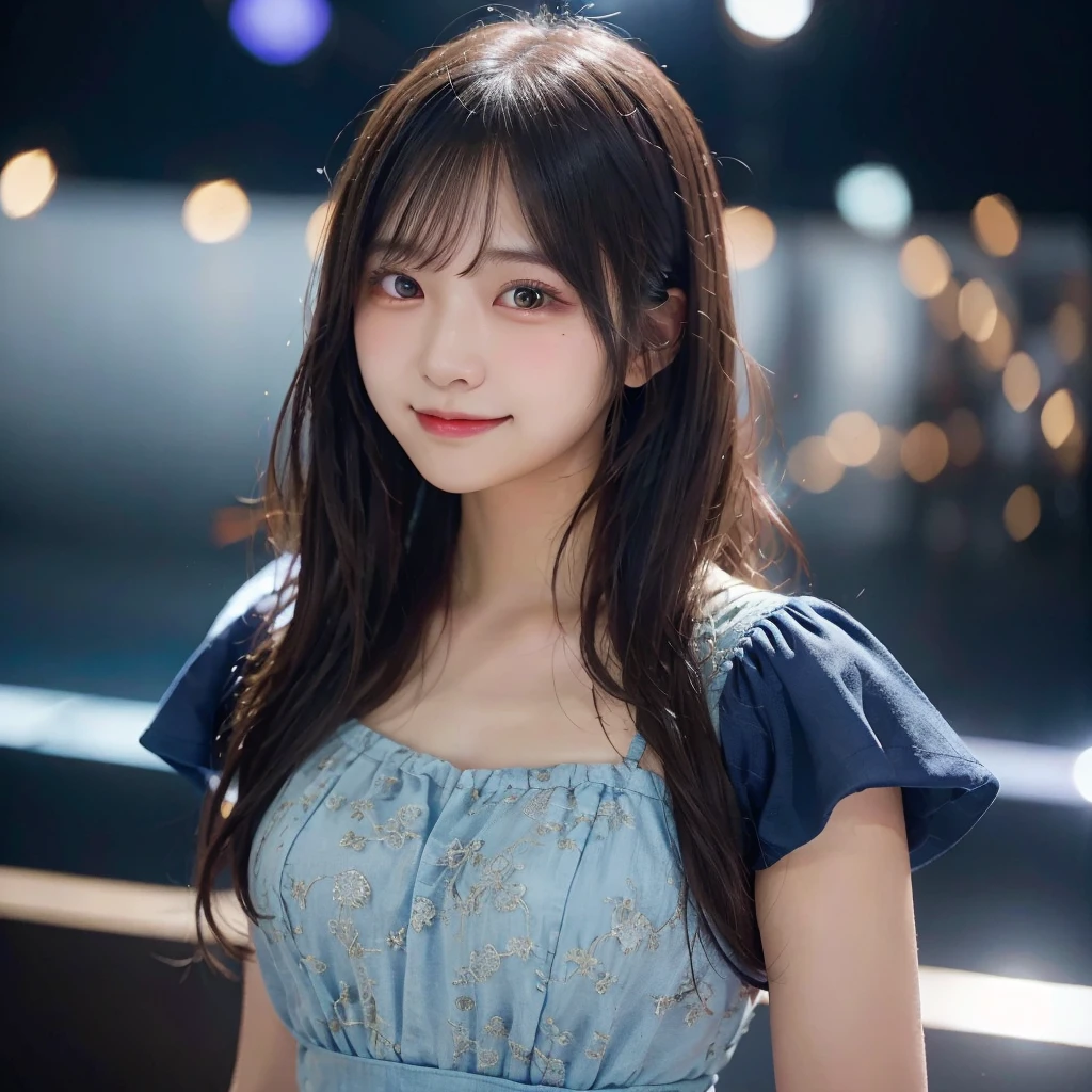(RAW Photo, Best Quality), (Realistic, Photo Realistic: 1.3), Best Quality, Highly Detailed, Masterpiece, Ultra Detailed, 1 Girl, upper_body, Dynamic Angle, Extremely Detailed CG Unified 8k Wallpaper, Ink, Amazing, Movie upper_body, World Mastery Theater, messy_long_hair, Best Quality, Extremely Detailed CG Unified 8k Wallpaper, Ink, Amazing, Movie Lights, lens_flare, Detailed Face, (Deliberate expression: 1.5), sony master shot, woman posing for photo in front of tv, hi-res screenshot, normal hands, nice studio lighting, vhs screenshot, beautiful fine face, (Japanese teenage girl idol:1.5), performing on stage, (wearing blue-color idol costume:1.5), black short bob hairstyle, smiling,stage background, stage lights, concert setting, not city background