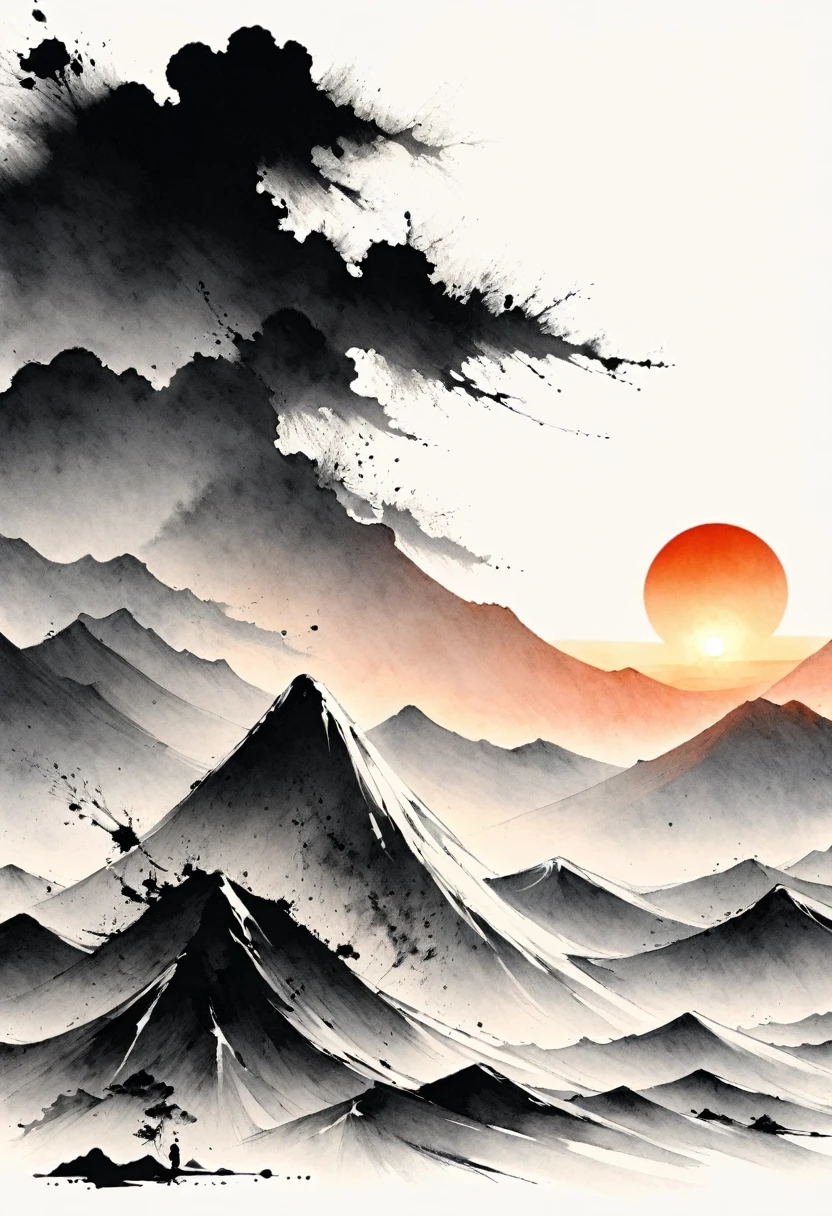 (Lots of white space:1.5)，(Lots of white space around:1.6), White background, simple, Minimalism, abstract,Freehand，Aesthetic，black and white，Ink Painting，antiquity，sunrise，a mountain，A person far away