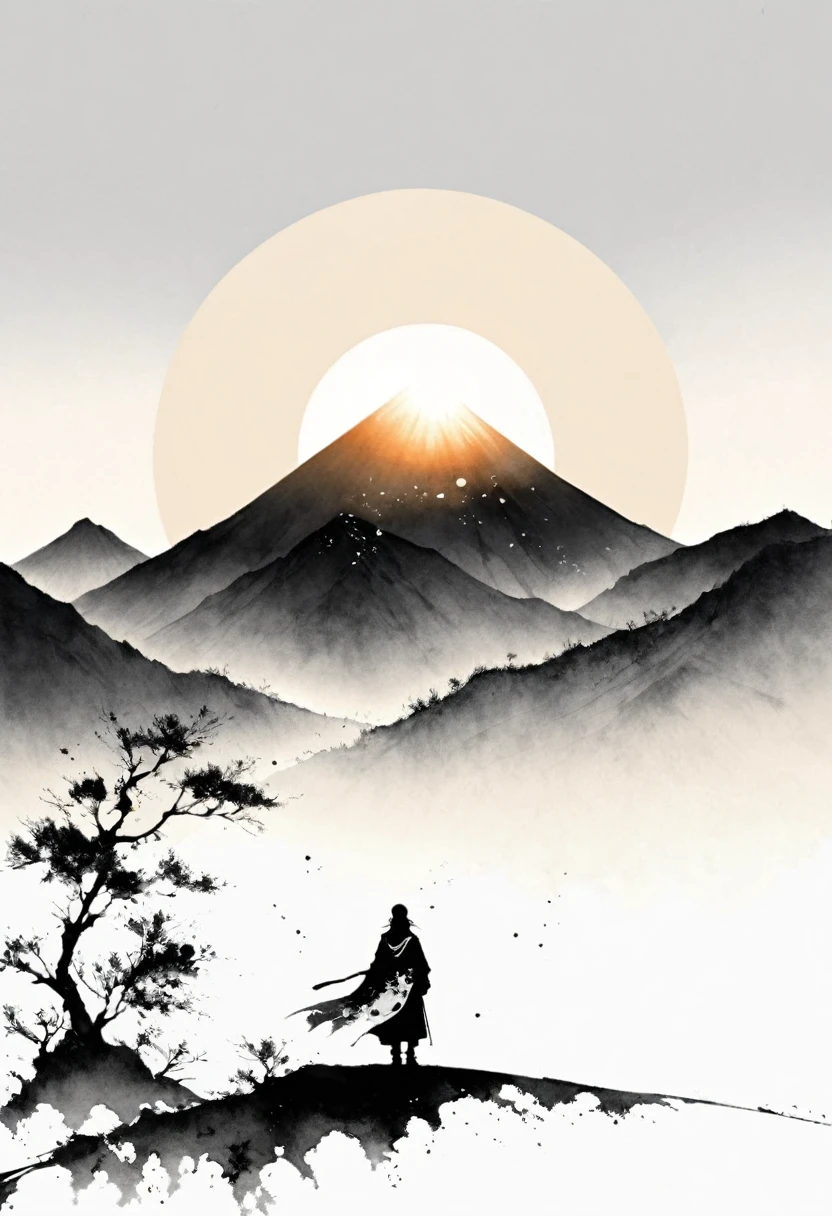 (Lots of white space:1.5)，(Lots of white space around:1.6), White background, simple, Minimalism, abstract,Freehand，Aesthetic，black and white，Ink Painting，antiquity，sunrise，a mountain，A person far away