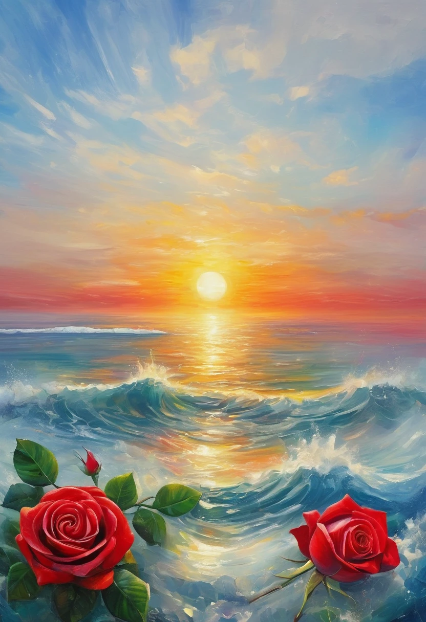 An oil painting,sunrise,Ocean,horizon,peaceful,transparent cubes,Red Rose,story