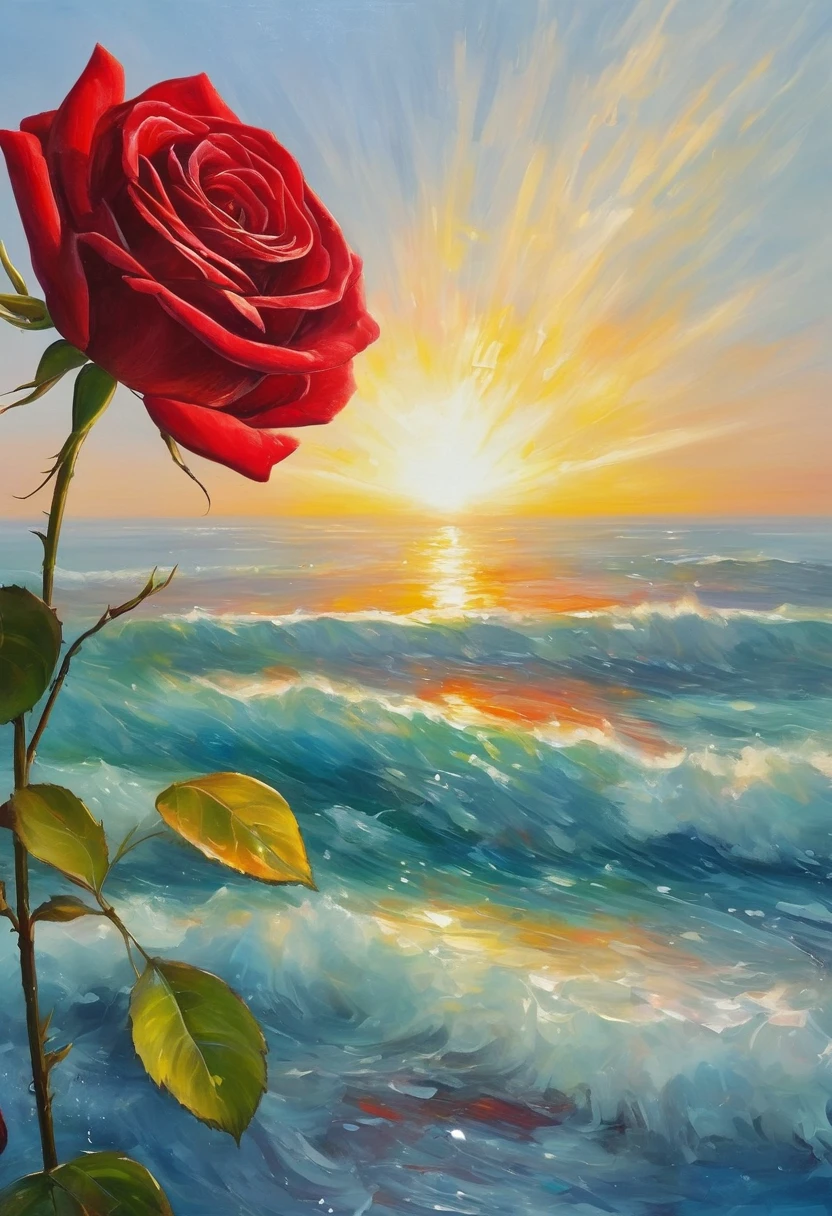 An oil painting,sunrise,Ocean,horizon,peaceful,transparent cubes,Red Rose,story