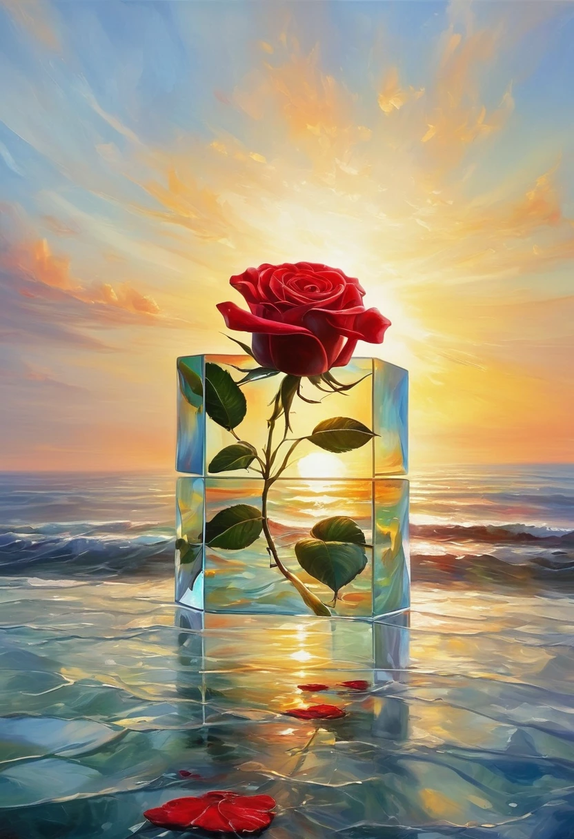 An oil painting，sunrise，Ocean，horizon，peaceful，transparent cubes，Red Rose，story