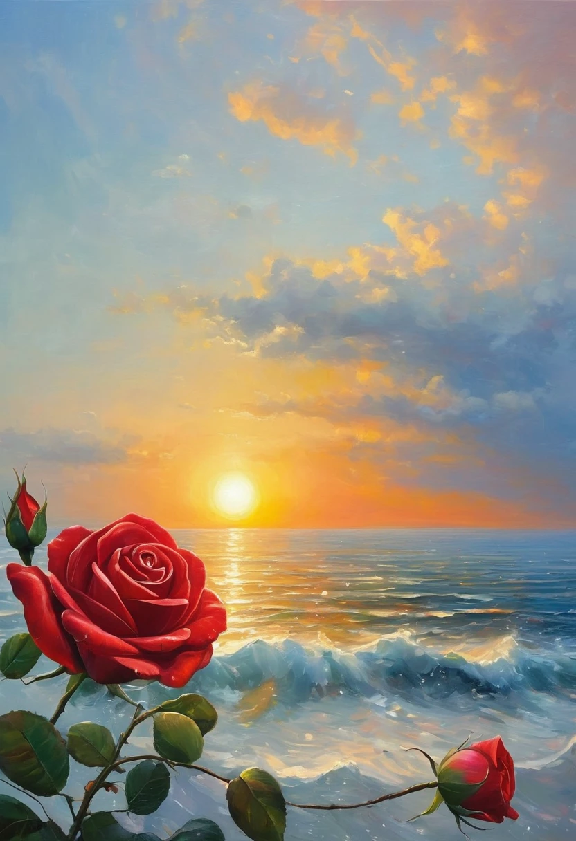 An oil painting,sunrise,Ocean,horizon,peaceful,transparent cubes,Red Rose,story