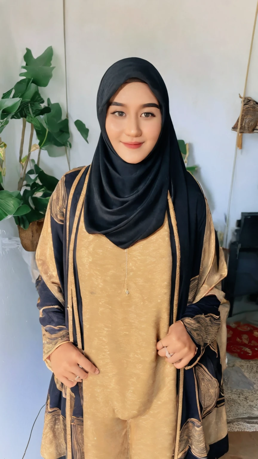 (best masterpiece), ultra-high quality, highly detailed, Ultra-HD Images, soft lighting, Ultra-Fine Picture, DSLR, ultra sharp, ((Ultra-HD Picture:1.4)), 8K IMAGES, ((realistic detailed human:1.2)), indonesian, hijab, big breast, forward chest, ((bikini)), Thin smile, Round eyeballs, droopy eyelids, looking down pose, living room, full body