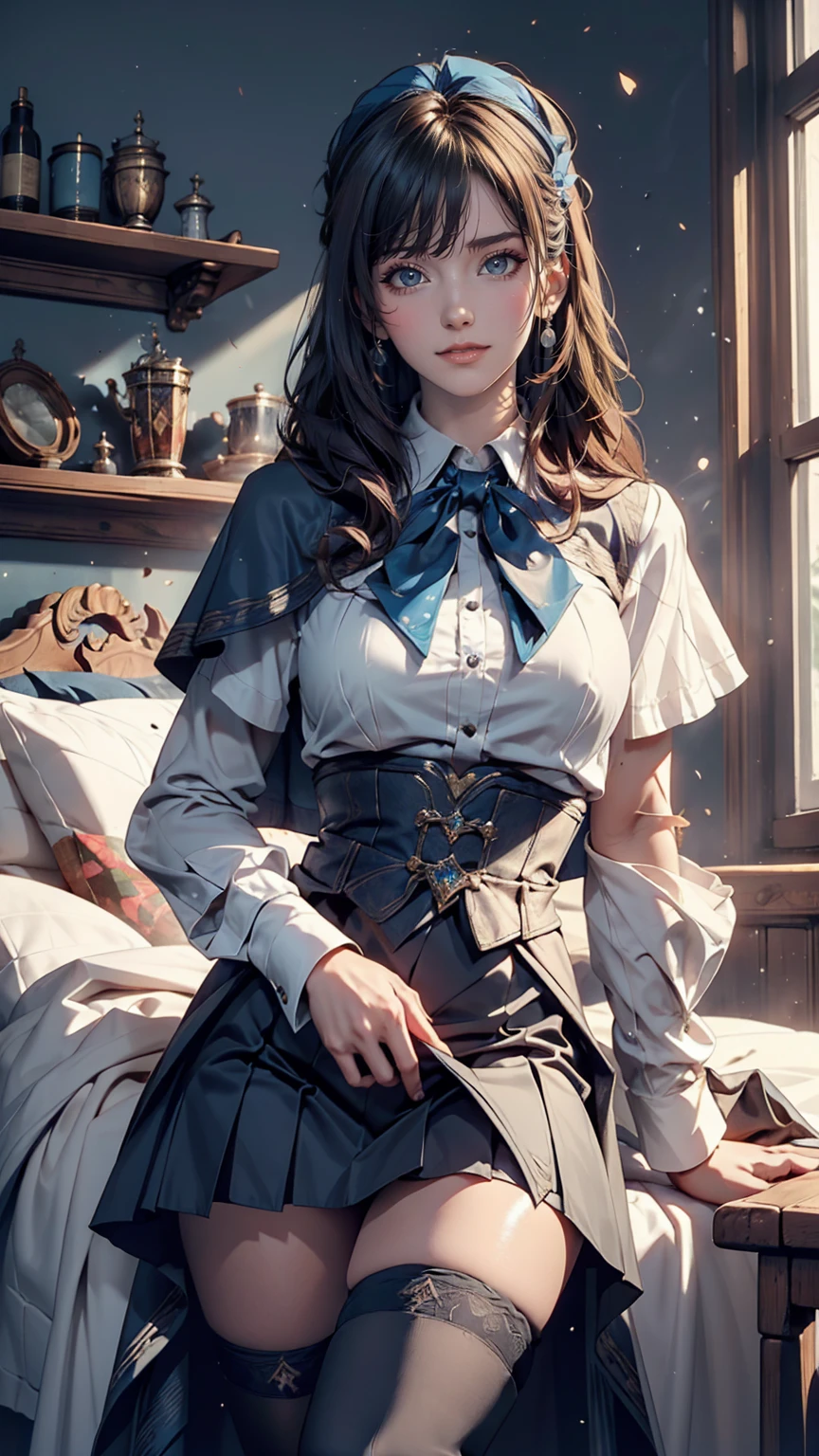 (masterpiece, Highest quality:1.2), Cowboy Shot, alone, One girl, Charlotte Aulin, Expressionless, Mouth closed, View, Ascot, Capelet, skirt, Blue knee socks
