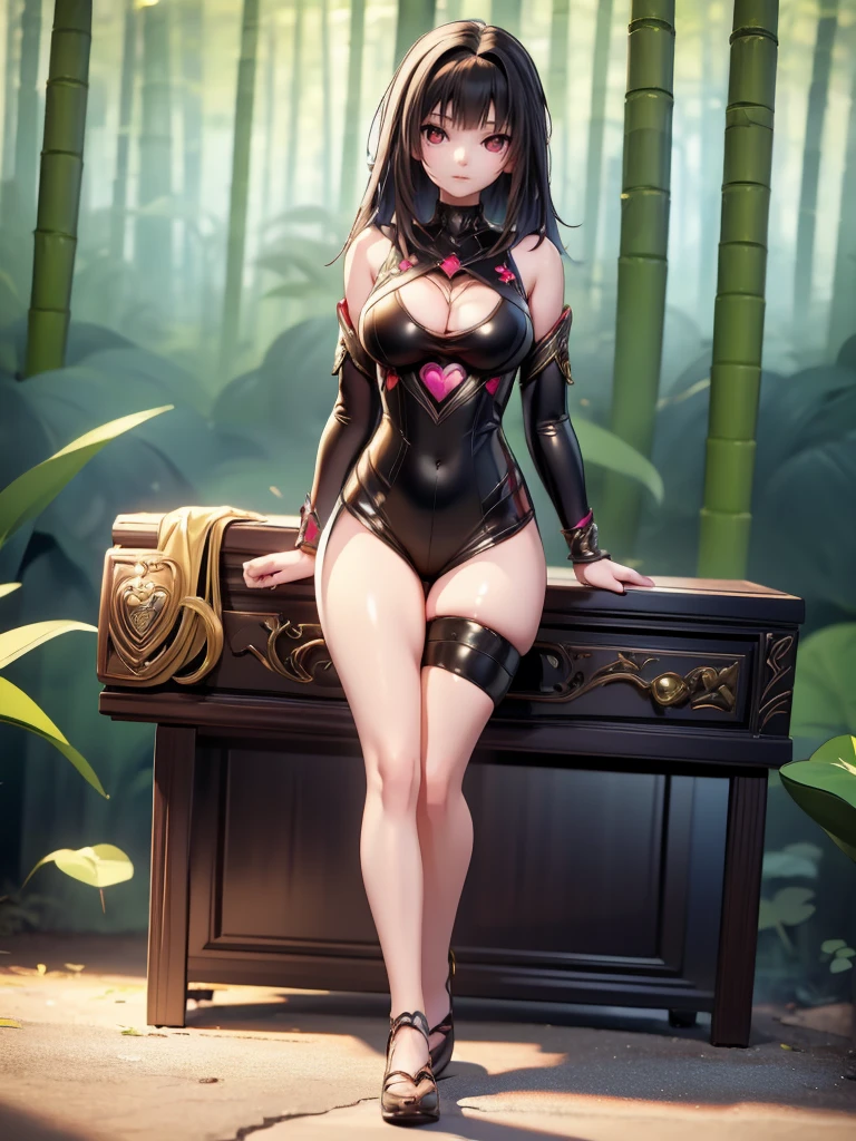 Seizo Watase style, Simple Line Initialism,Abstract art, 3d character, colorful hearts ,(((The most beautiful girl of all time))), (full body 1.2), only girl, 2 burn hair, jungle background, 25 year old, full body, (((8k))),, (((3d))),, black hair, black silicon Jumpsuit
