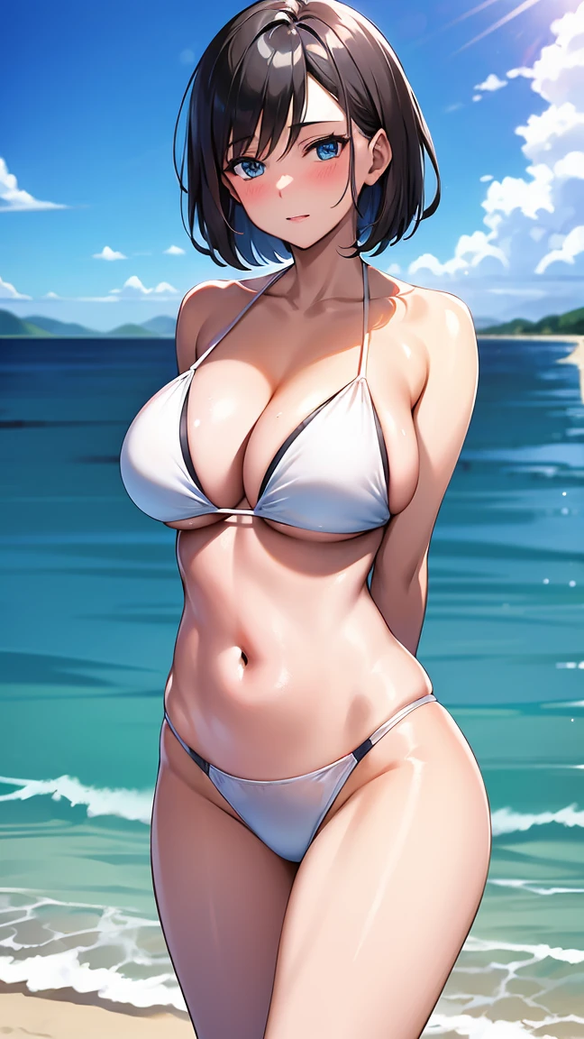 (gleaming skin:1.3), (mature woman, milf:1.3), blush, A milf with black short hair, sky-blue eyes, wearing a white bikini, breast,standing, beach, rockwall. arms behind back.