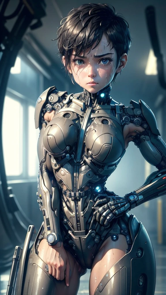 Highest quality　8k Cyborg Suit Girl　Elementary school girl　Sweaty face　cute　Boyish short hair　Very short hair　Steam coming out of my head　My hair is wet with sweat　Black Hair　Broken and unable to move　　Lying down　Soaked Face　My crotch is wet