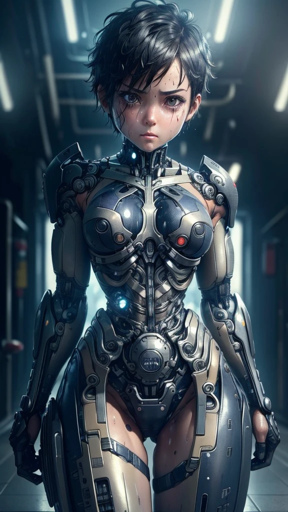 Highest quality　8k Cyborg Suit Girl　Elementary school girl　Sweaty face　cute　Boyish short hair　Very short hair　Steam coming out of my head　My hair is wet with sweat　Black Hair　Broken and unable to move　　Lying down　Soaked Face　My crotch is wet