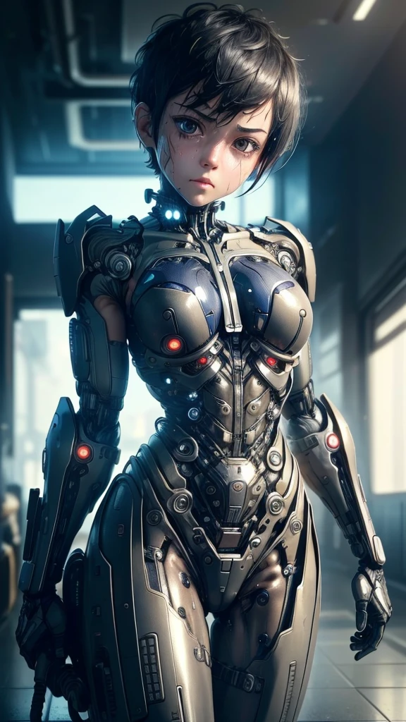 Highest quality　8k Cyborg Suit Girl　Elementary school girl　Sweaty face　cute　Boyish short hair　Very short hair　Steam coming out of my head　My hair is wet with sweat　Black Hair　Broken and unable to move　　Lying down　Soaked Face　My crotch is wet