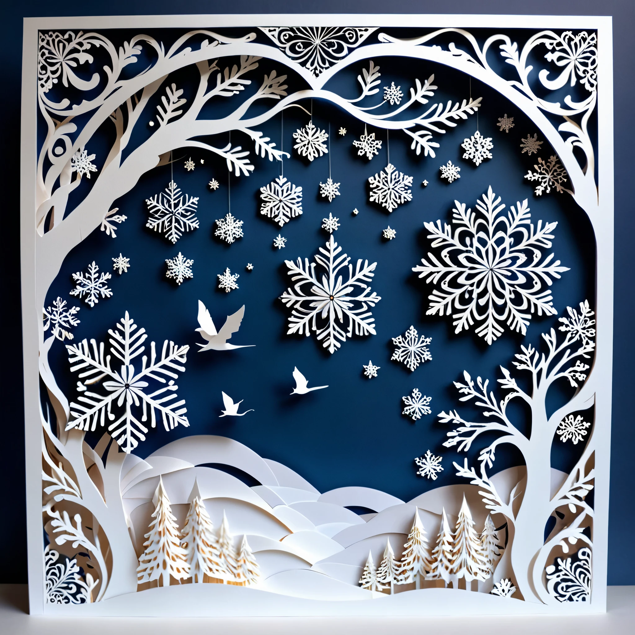 Create a detailed paper cutout artwork depicting a scene that combines snow with intricate patterns. The scene should include delicate snowflakes falling gently, each flake featuring unique and elaborate patterns. The background should incorporate swirling designs and geometric shapes that complement the snowflakes, creating a seamless blend between the natural and the abstract. The artwork should evoke a sense of tranquility and beauty, capturing the serene and intricate nature of snow and patterns. The overall mood should be elegant and peaceful, highlighting the delicate artistry of winter through detailed design.
