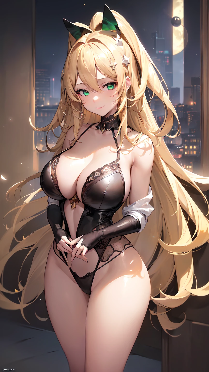 ((((Obra maestra, La mejor calidad, ultrahigh resolution)))), 1girl, standing,), ((long pure blonde hair, hair over eye)), long hair cut, shiny skin, ((green eyes)), glowing_eyes, neon eyes, (ultra detailed eyes:0.7, beautiful and detailed face, detailed eyes:0.9), ((centered)), smirk, facing viewer, ((vibrant background, dark lighting, summer, sunlight)), large chested, looking at viewer, ((half closed eyes)), ((perfect hands)), (((head:1, arms, hips in view, elbows, in view))), ((hands behind back)), empty eyes, beautiful lighting, ((outside, outdoors)), defined subject, head tilt, (((gritty)), ((creepy)), ((cool)), ((beautiful)), (((NSFW))), hair ornament, petals in the air, moon in the sky, city, mature woman, adult woman, she is a princess, smiling, fullbody, fullbody shot, she looks spicy, attractive woman, dynamite body, wide hips, black sexy underwear