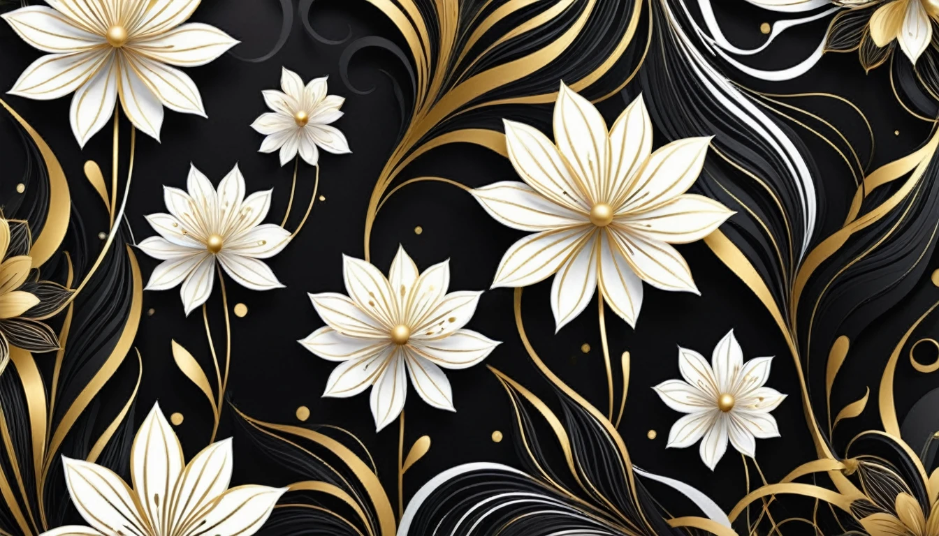 "Produce a 2D gift wrap design with two wide abstract flowing lines in bold black and white, and one narrow line with a metallic golden effect. The contrast should create a striking and modern look, with lines that weave and overlap in a mesmerizing pattern. Additionally, integrate flower vectors into the design. All elements should be seamlessly blended into the abstract pattern to convey a contemporary and elegant aesthetic."