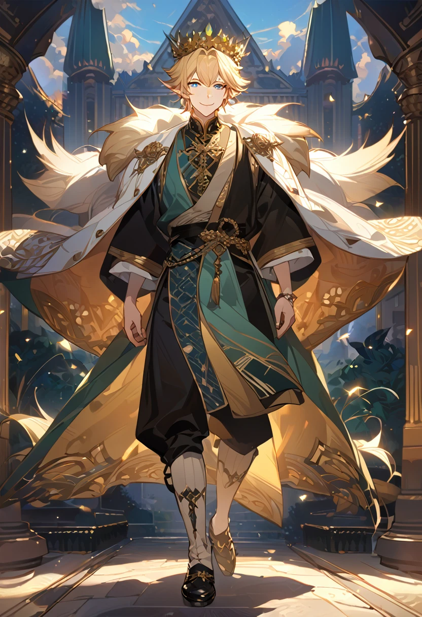masterpiece, best quality, 8k ,4k , 1male, elf King, Golden Blond, Blue greenish eyes, gold wreath crown, hair ornament, finely detailed eyes and detailed face, looking at viewer, black sleeveless, half robe, patterned clothes, gold embroidery clothes, meticulous clothes, mature clothe, majestic looks, smiling gently, small bird, full body, inspired by Asukaziye artist : ask, art style : ask