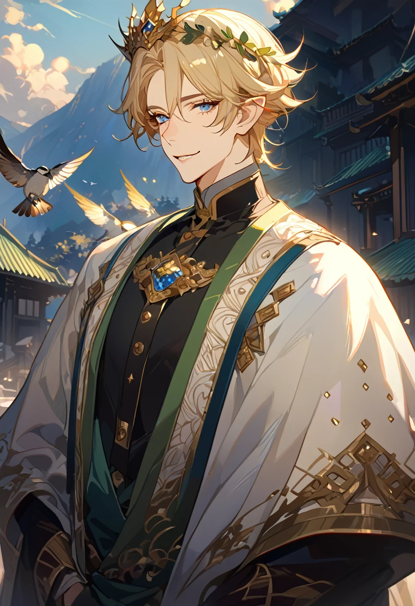 masterpiece, best quality, 8k ,4k , 1male, elf King, Golden Blond, Blue greenish eyes, gold wreath crown, hair ornament, finely detailed eyes and detailed face, looking at viewer, black sleeveless, half robe, patterned clothes, gold embroidery clothes, meticulous clothes, mature clothe, majestic looks, smiling gently, small bird, full body, inspired by Asukaziye artist : ask, art style : ask
