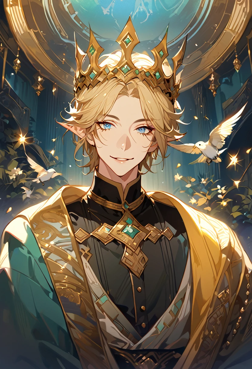 masterpiece, best quality, 8k ,4k , 1male, elf King, Golden Blond, Blue greenish eyes, gold wreath crown, hair ornament, finely detailed eyes and detailed face, looking at viewer, black sleeveless, half robe, patterned clothes, gold embroidery clothes, meticulous clothes, mature clothe, majestic looks, smiling gently, small bird, full body, inspired by Asukaziye artist : ask, art style : ask