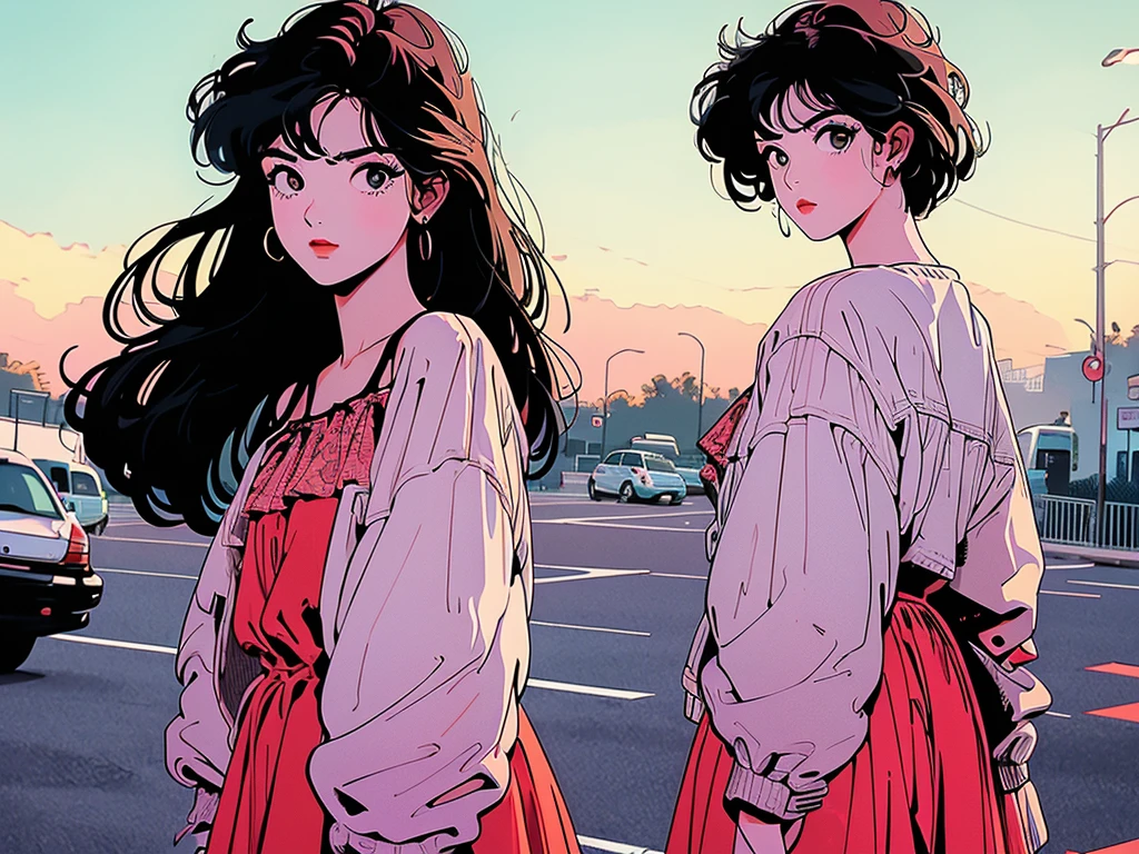 whole body, Upper Body、One beautiful woman, 4k,camisole、pedestrian crossing、Signal 、intersection、Complex background、Black Hair、Unique hairstyle、Detailed Hair、Sunset, 귀여운 수달과 함께, 잡지 표지.