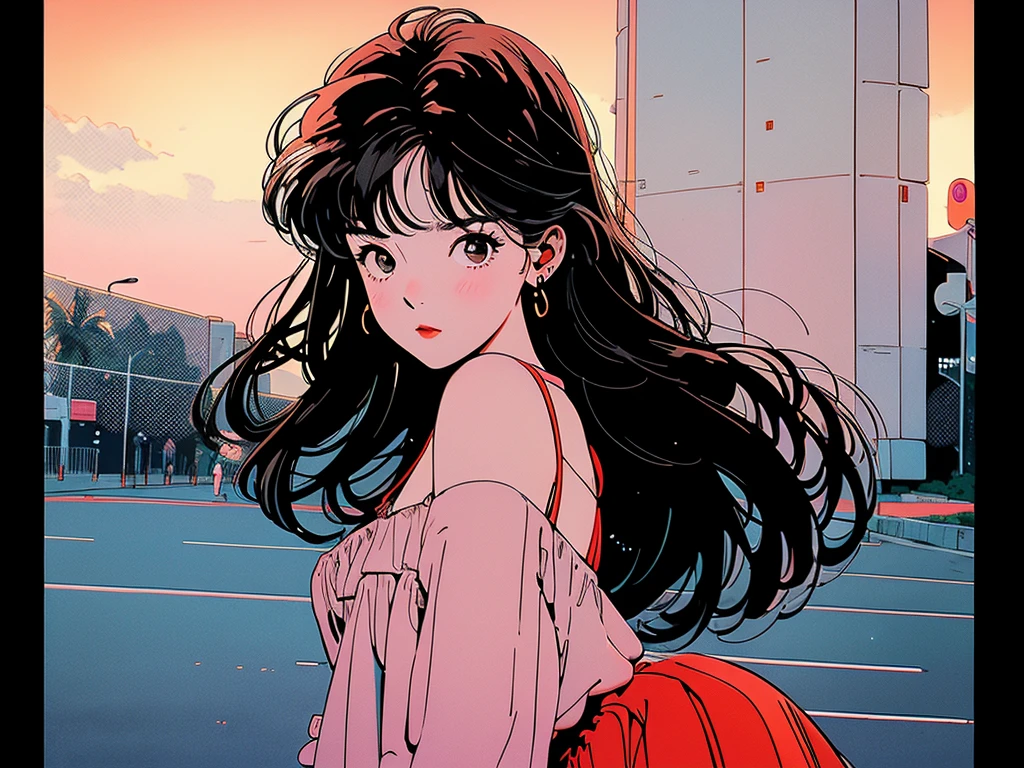 whole body, Upper Body、One beautiful woman, 4k,camisole、pedestrian crossing、Signal 、intersection、Complex background、Black Hair、Unique hairstyle、Detailed Hair、Sunset, 귀여운 수달과 함께, 잡지 표지.