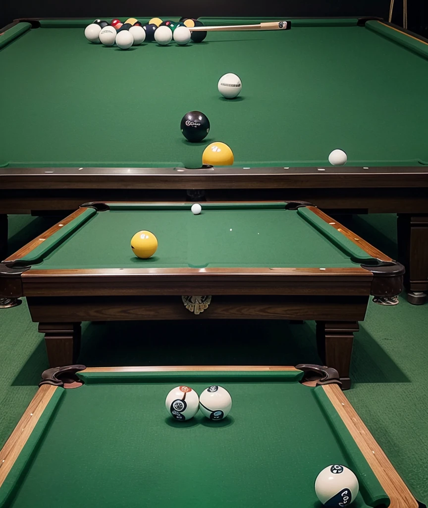 
background-image: Pool table with 8 Ball Pool balls arranged.
Main Elements:
A featured pool cue, pointing at the 8 ball.

Small icons of trophies or stars to symbolize victory.
colors: greenery background (pool table), white and yellow text.
Is a Person showing enthusiasm or concentration while playing.
