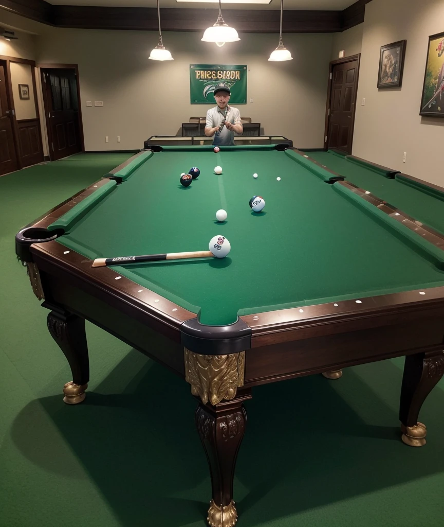 background-image: Pool table with 8 Ball Pool balls arranged.
Main Elements:
A featured pool cue, pointing at the 8 ball.
Small icons of trophies or stars to symbolize victory.
colors: greenery background (pool table), white and yellow text.
Is a Person showing enthusiasm or concentration while playing.