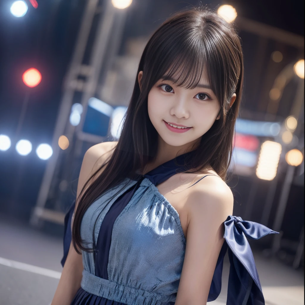 (RAW Photo, Best Quality), (Realistic, Photo Realistic: 1.3), Best Quality, Highly Detailed, Masterpiece, Ultra Detailed, 1 Girl, upper_body, Dynamic Angle, Extremely Detailed CG Unified 8k Wallpaper, Ink, Amazing, Movie upper_body, World Mastery Theater, messy_long_hair, Best Quality, Extremely Detailed CG Unified 8k Wallpaper, Ink, Amazing, Movie Lights, lens_flare, Detailed Face, (Deliberate expression: 1.5), sony master shot, woman posing for photo in front of tv, hi-res screenshot, normal hands, nice studio lighting, vhs screenshot, beautiful fine face, (Japanese teenage girl idol:1.5), performing on stage, (wearing blue-color idol costume:1.5), black short bob hairstyle, smiling,stage background, stage lights, concert setting, not city background