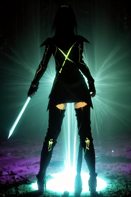 A woman stands alone in a dark space.
She is wearing a flashy black costume that looks like something you would see in an anime.
A small light can be seen in the distance.
She faces the light.
You can see her back from here.
In her hand she holds a glowing sword.
She is slender and her legs are very long.
She has a spirit of a ball of light that glows purple.