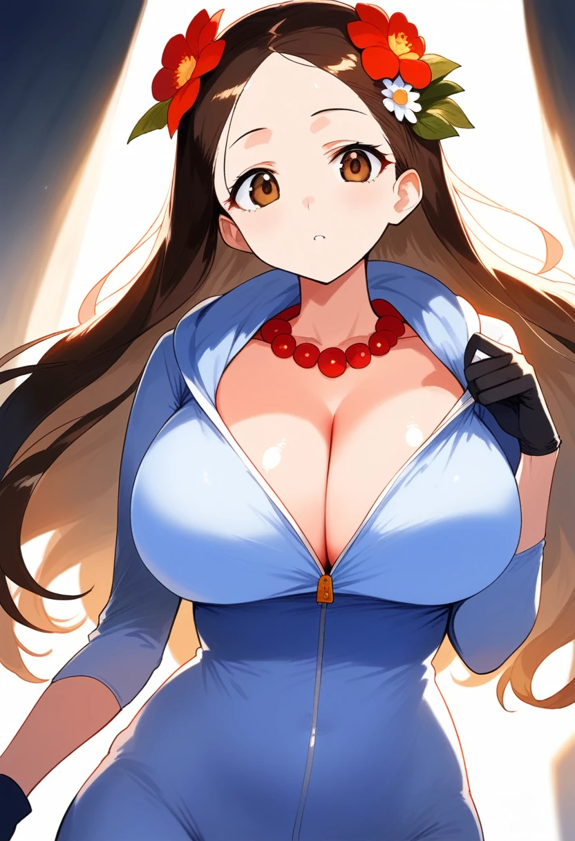 Axolotl theme onesie, light coming in, sharp focus, illustration, game cg, anime, solo, curvy, (big breasts:1.3), forehead, faste collarbone, (belly:0.9), looking at the viewer, flower hair ornament, accessories, backlighting, shiny skin, shiny body, gloves, necklace, jewellery, black-brown hair, bead necklace, brown eyes, long hair,