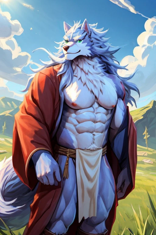 Fenrir,Wolf,Wolf人,male,aldult,Solitary,4K,Best quality,whole body,Looking at the audience,Fluffy tail,Long flowing hair,Upper body exposed,Bare chest,Chest muscles,Pink nipples, Six-pack abs, Biceps, Anatomically correct,Delicate fur,pride,Soft shadows,Majestic,Detailed face,High quality eyes,green eyes,eyes shining,Sharp eyes,Grandiose,brave,Confident smile,Strong,kimono,simple loincloth,Mature,grassland,Blue sky and white clouds,sun