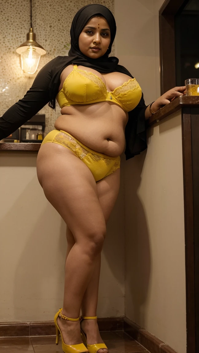 4K, Realistic,30 years kerala chubby fat hijabi housewife, wearing yellow bra and panties, at night bar,showing deep cleavages,high heel shoes, standing position, dark lipstick,