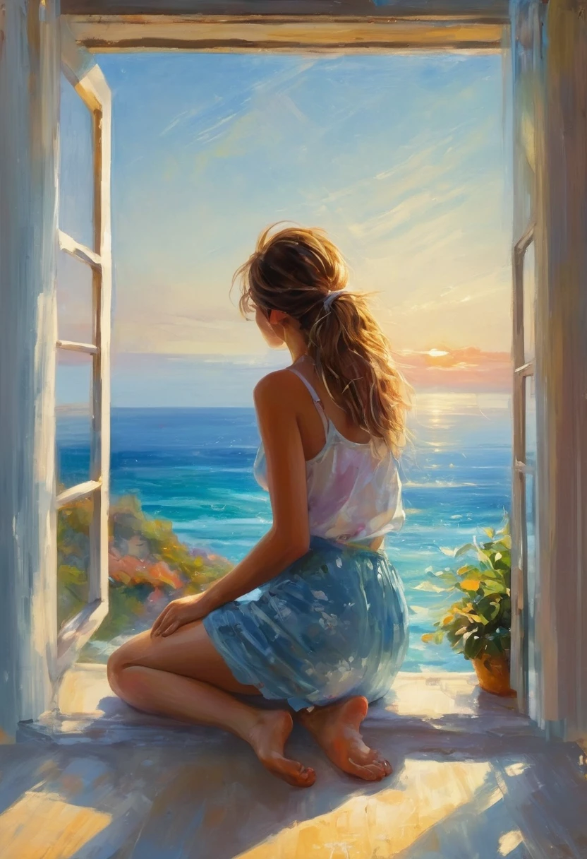 An oil painting，(((Great view from the window，Sunrise time，Ocean，horizon，)))peaceful，Back view of a girl lying on the windowsill watching the sunrise