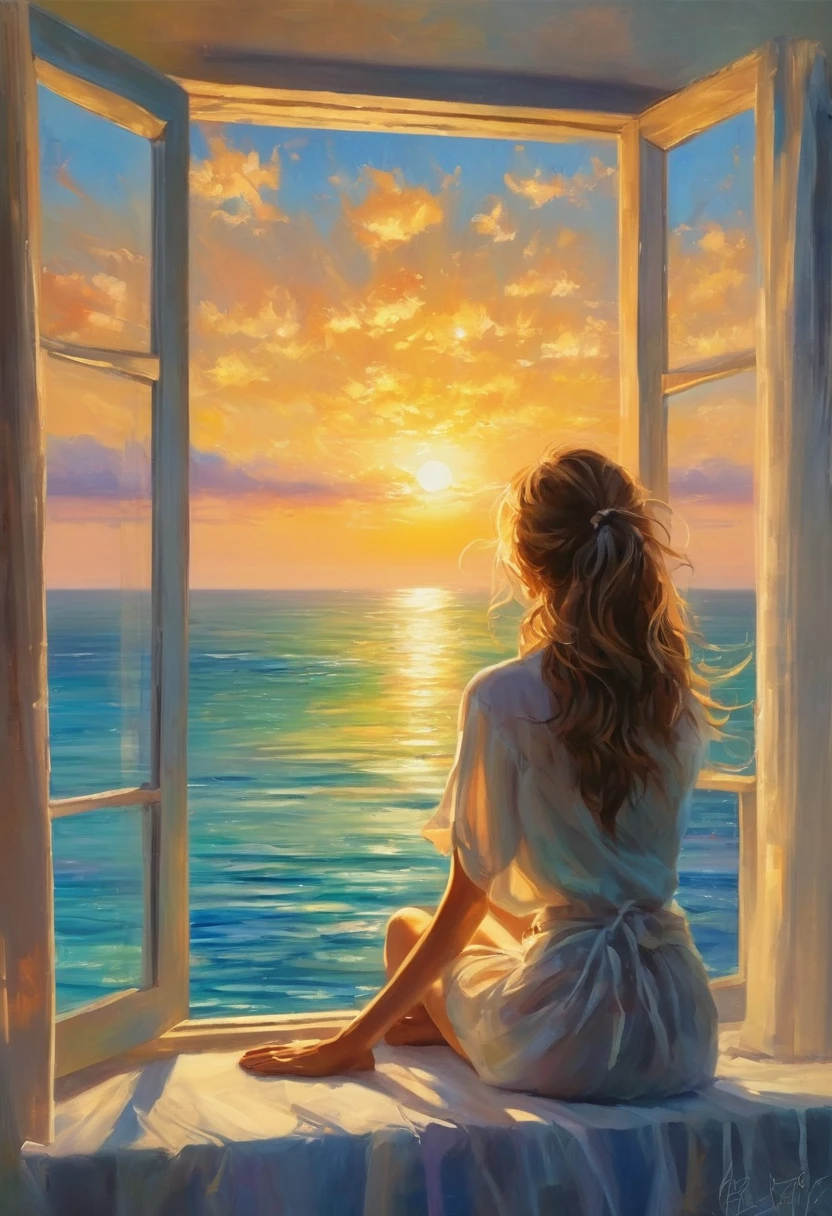 An oil painting,(((Great view from the window,Sunrise time,Ocean,horizon,)))peaceful,Back view of a girl lying on the windowsill watching the sunrise