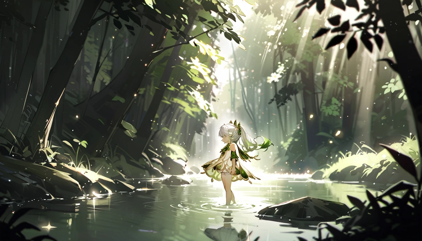 masterpiece,Highest quality,dispersion,alone,One girl, in the forest,Light particles, Light,Nahida,Green Eyes,Waterfront