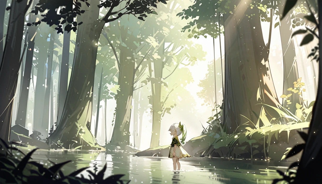 masterpiece,Highest quality,dispersion,alone,One girl, in the forest,Light particles, Light,Nahida,Green Eyes,Waterfront