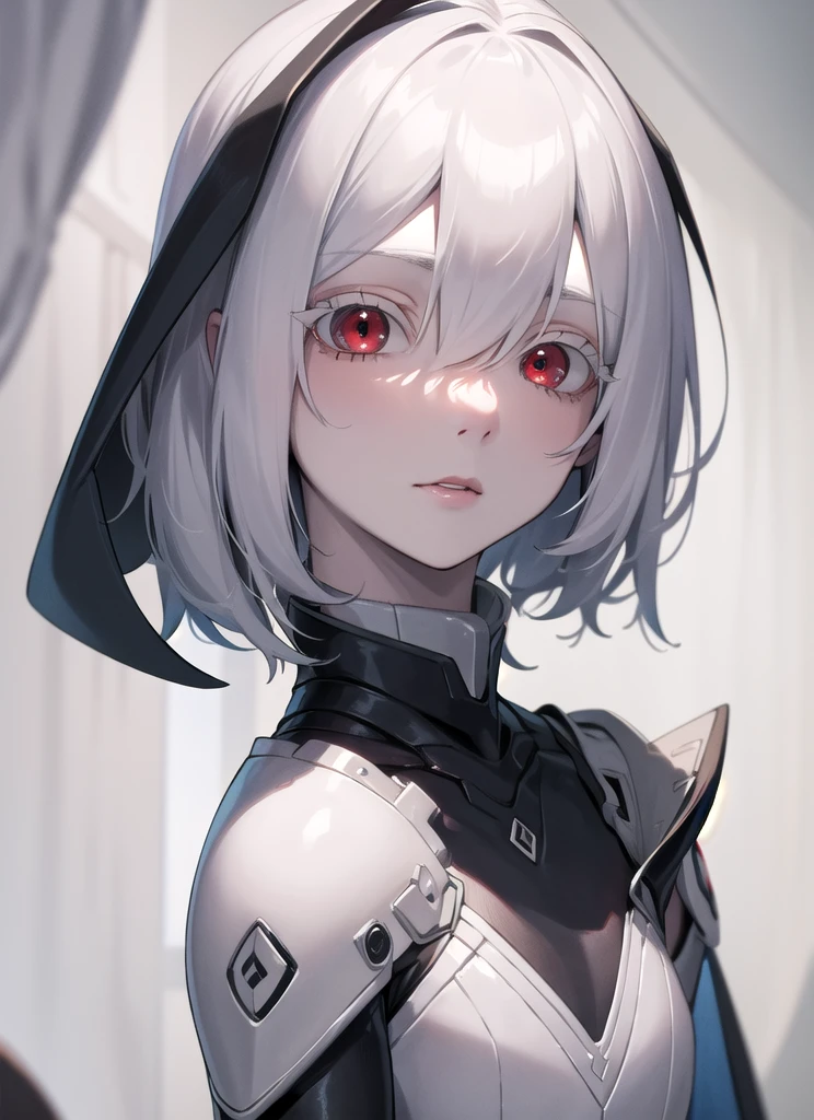 ((best quality)), ((highly detailed)), masterpiece, absurdres, (detailed eyes, deep eyes), cape, bodysuit, albino, white hair, short hair, red eyes, eyelashes, very pale skin, (((side, view portrait)))