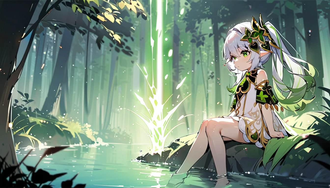 masterpiece,Highest quality,dispersion,alone,One girl, in the forest,Light particles, Light,Nahida,Green Eyes,Waterfront