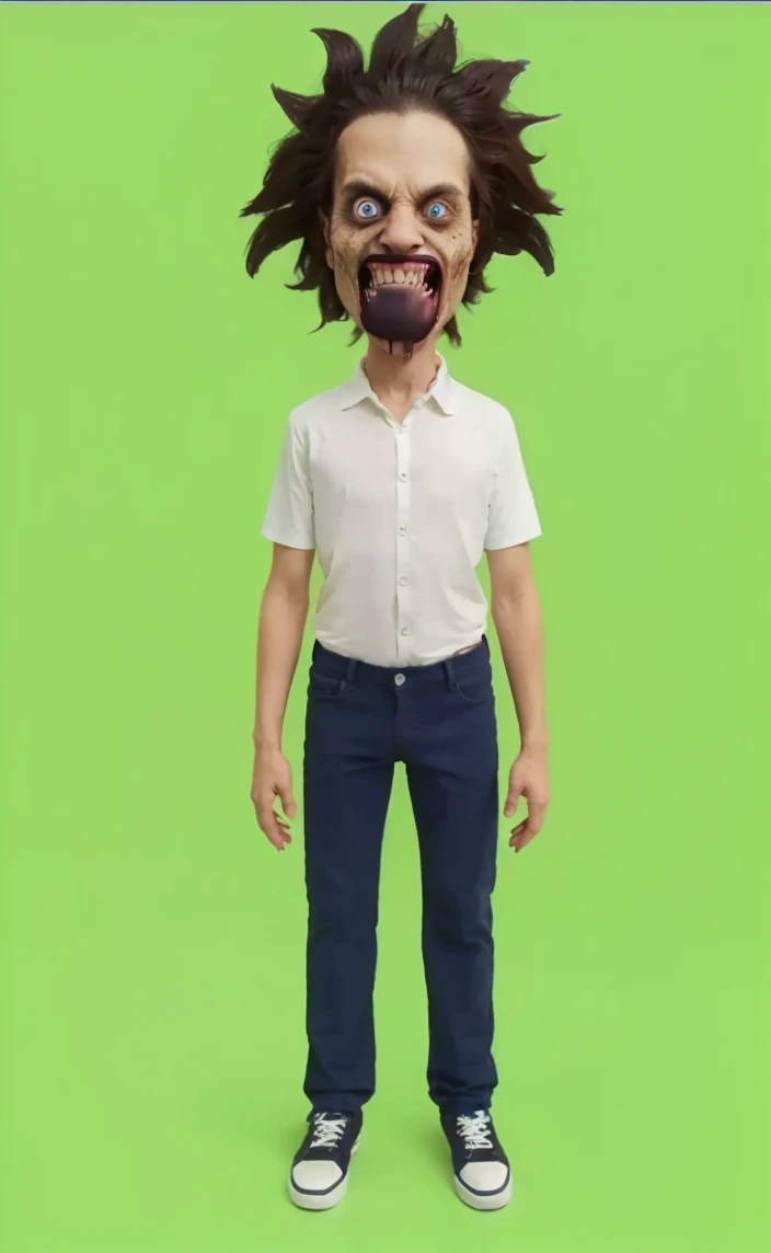 Photo realistic human,insane smile,bulging eye , turn into a zombie,4k photo