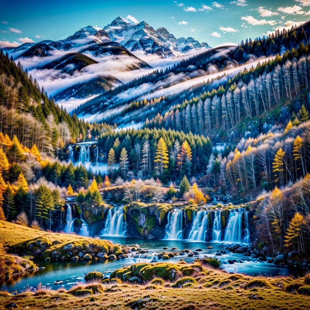 a beautiful serene landscape, rolling hills, flowing waterfall, majestic snow-capped mountain, golden sunlight, wispy clouds, detailed foliage and flora, birds soaring, (best quality,8k,highres,masterpiece:1.2),ultra-detailed,(realistic,photorealistic,photo-realistic:1.37),landscape,vibrant colors,natural lighting,cinematic composition