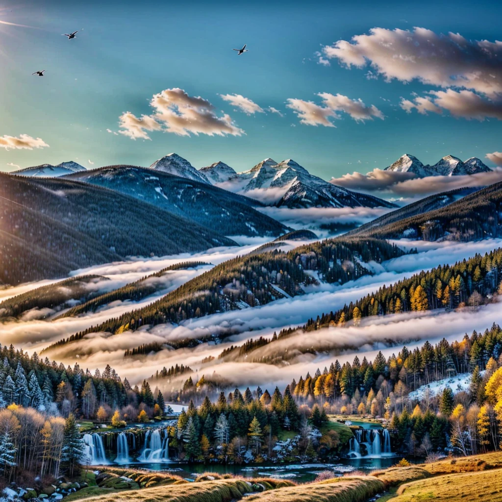 a beautiful serene landscape, rolling hills, flowing waterfall, majestic snow-capped mountain, golden sunlight, wispy clouds, detailed foliage and flora, birds soaring, (best quality,8k,highres,masterpiece:1.2),ultra-detailed,(realistic,photorealistic,photo-realistic:1.37),landscape,vibrant colors,natural lighting,cinematic composition