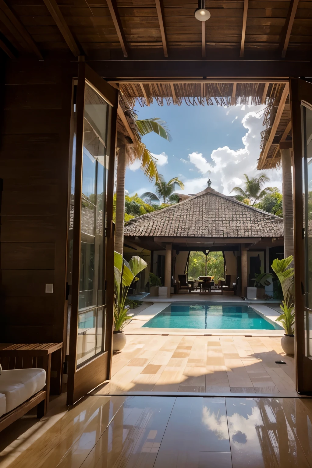 (Masterpiece: 1.3), Blueprint, Tropical paradise, Dominican Republic, Exquisite villa, Modern architecture, Oceanfront, Palm trees, Infinity pool, French doors, Open floor plan, Minimalist design, Jalousie windows, Sliding glass walls, High ceilings, Natural materials, Wood accents, Stone floors, Terrace, Outdoor dining area, Lush gardens, Symphony of colors, Sunsets, Serene atmosphere, Sun-soaked interiors, Golden hour lighting, Soft natural tones, Rustic elegance, Sustainable living, Energy efficiency, Solar panels, Rainwater harvesting system, Dream home, Paradise found, Island lifestyle