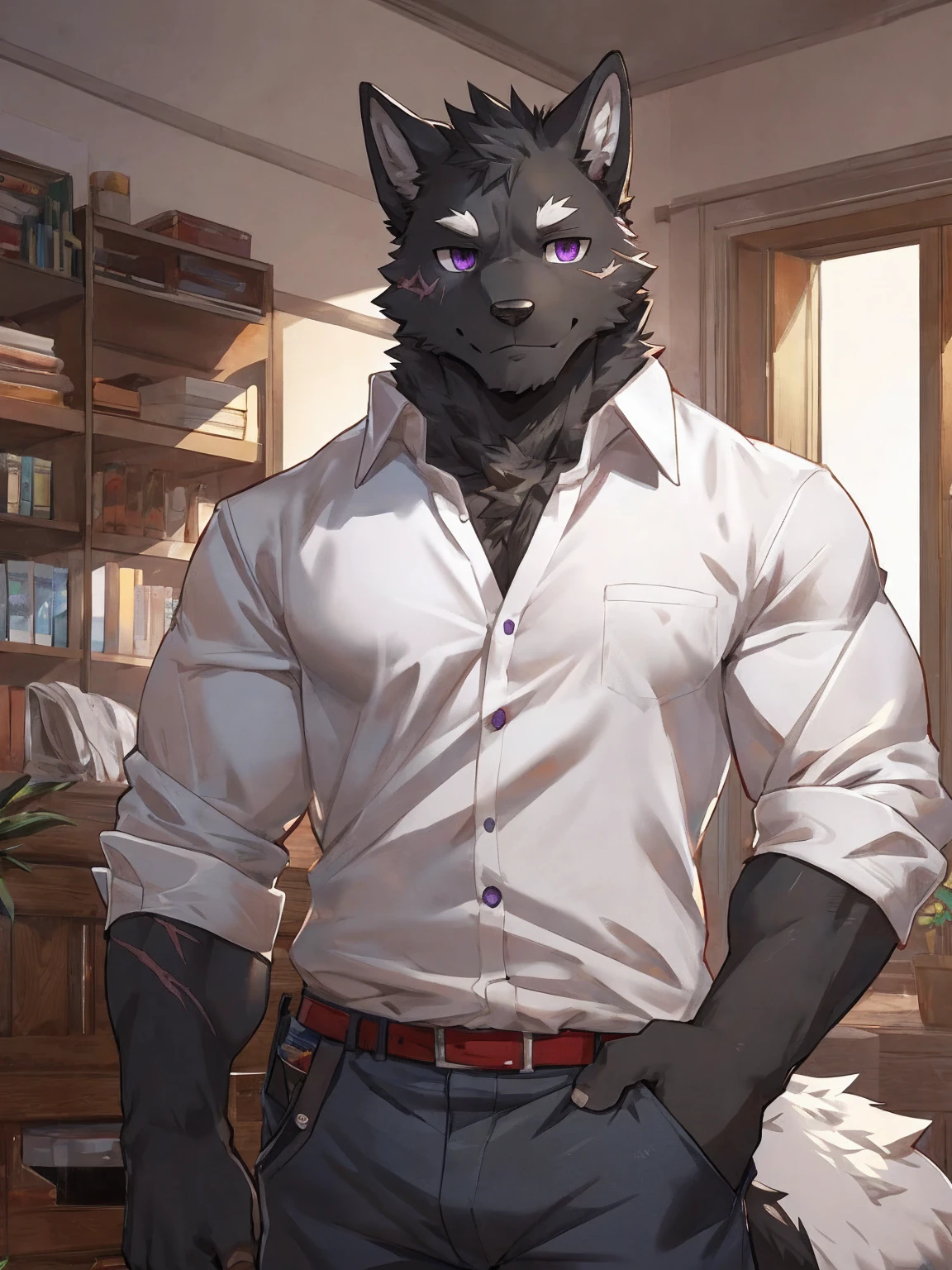 embedding:black wolf, male,purple eyes,Scar on the face, scar on the body,Single person，The fur on the chest and abdomen is white.Inside the apartment,Elder brother.Modern apartment, clean and tidy.casual Shirt，Casual pants,Formal, everyday,A mild expression,Maturity,The highest quality of scene detail,adult,Tall and powerful,muscle，Best quality hands, best quality eye，detailed fur，Delicate eyes.Extreme picture quality，by sollyz,by zixiong,by milkytiger1145