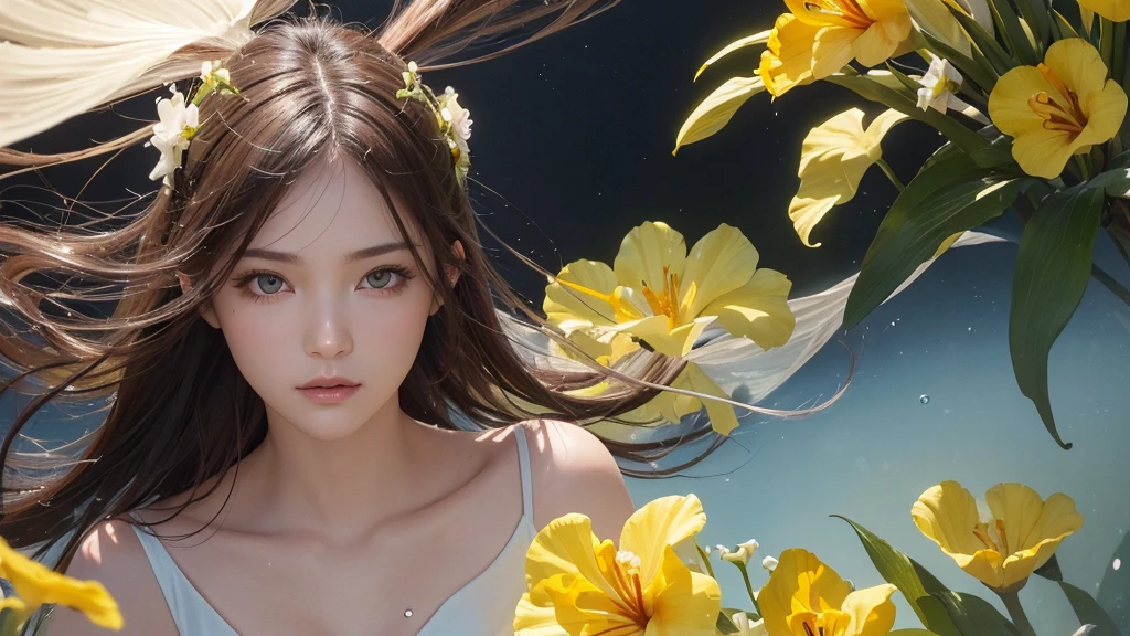 32k, Masterpiece, Highest quality, One girl, Detailed eyes, flower,gladiolus, Yellow and pink style,A dreamy, romantic piece,Pale yellow, Mysterious Leaves,A playful arrangement,Fantasy,High Contrast,Ink strokes,explosion,Exposure, Impression of yellow and white tones,Abstract,((Watercolours by John Berkey and Jeremy Mann )) Brush strokes,Negative Space, Tyndall effect,